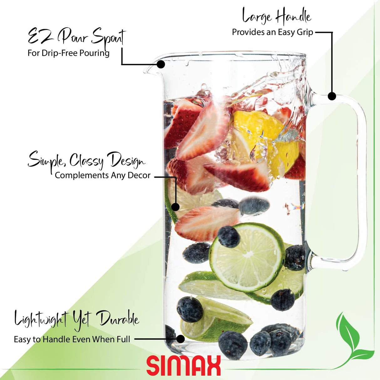 Glass Pitcher with Handle | 2.1 Qt | Cylinder | Simax