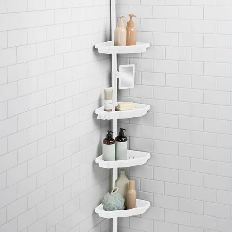 4 Tier White Corner Shower Organizer With hook and Mirror