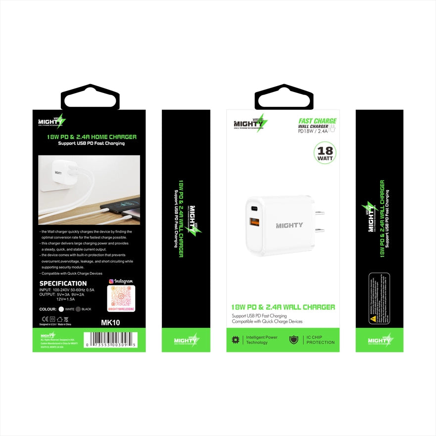 18W Wall Charger with Pd and USB Ports White