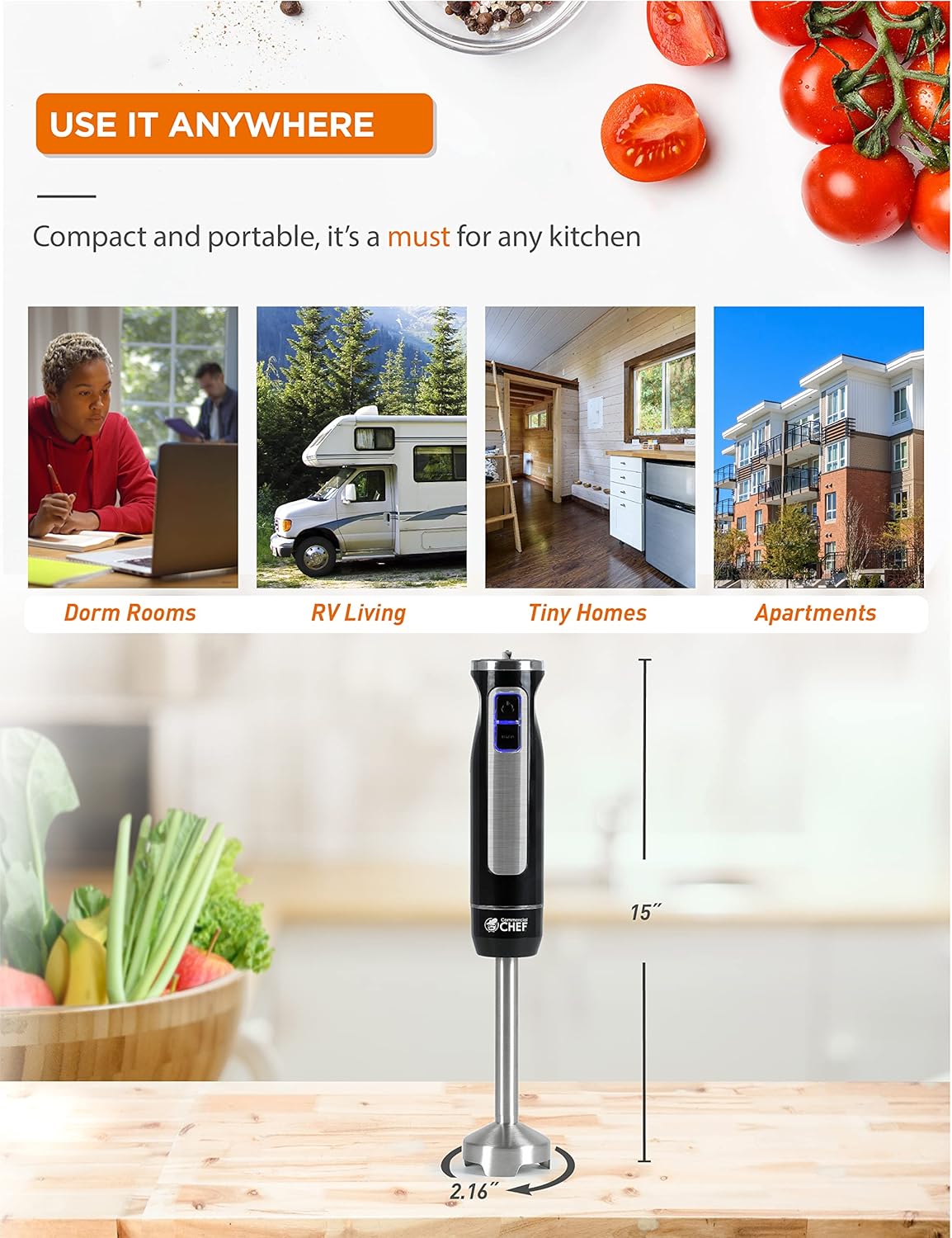 Commercial Chef Hand Blender SS 8 Speed