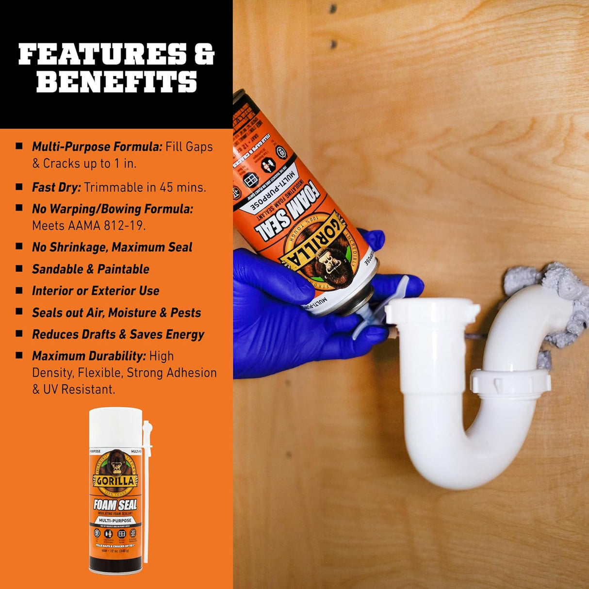 Gorilla Insulating Foam Sealant | Expanding Spray Foam for Gaps & Cracks | 12 oz