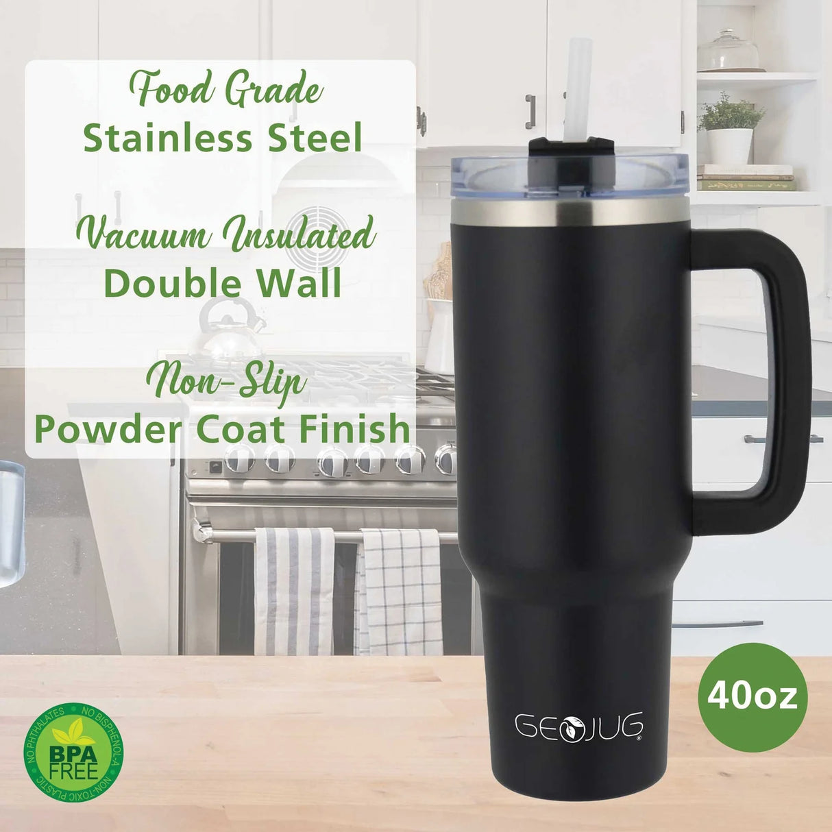 Insulated Tumbler Cup with Handle, Lid & Straw | 40 oz | Stainless Steel | Brentwood