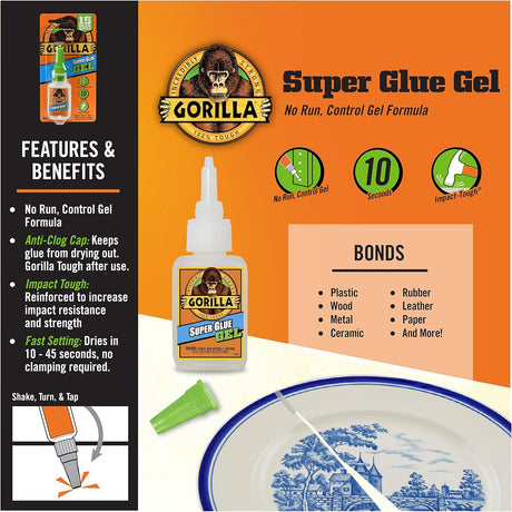 Gorilla Super Glue Gel 15g | No-Run Formula | Fast-Setting & Impact Resistant