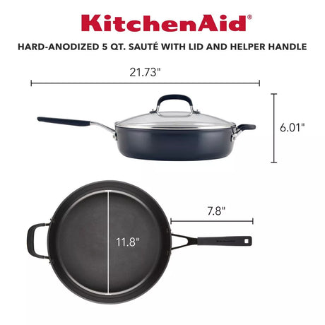 Kitchen Aid 5qt Hard Anodized Covered Saute w/Helper Handle: Nonstick, Oven Safe, Silicone Handle, Glass Lid