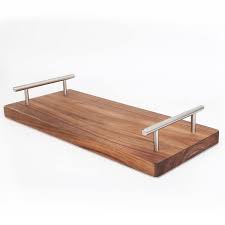 Acacia Wood Serving Tray w/Stainless Steel Handles