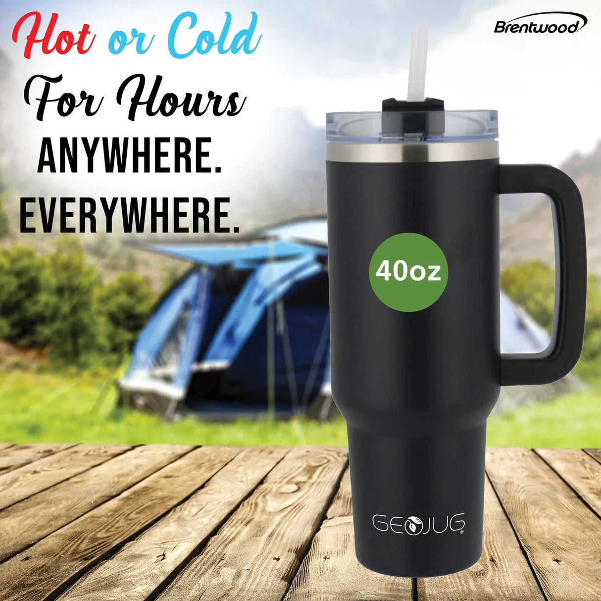 Insulated Tumbler Cup with Handle, Lid & Straw | 40 oz | Stainless Steel | Brentwood