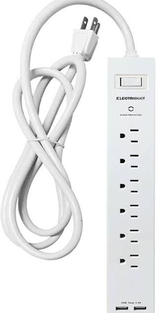 6 Plug White Surge Protector With 2 USB Ports - 6FT